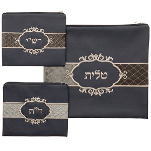 כיסוי טלית תפילין חב"ד רש"י +ר"ת דמוי עור כחול 38*41 ס"מ